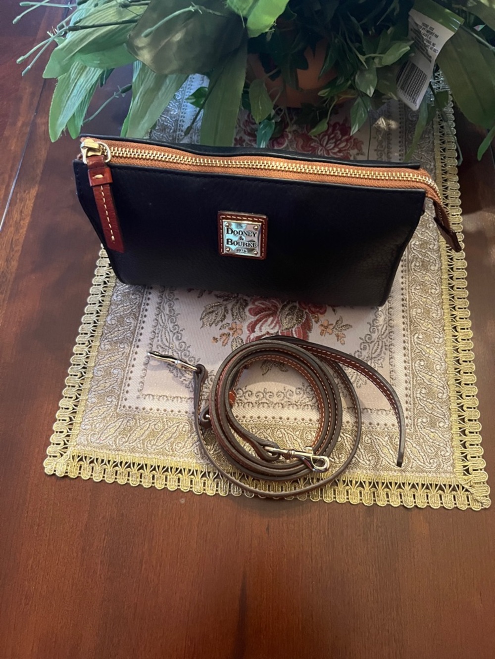 Dooney & Bourke Black Leather Crossbody Wristlet with Brown Trim